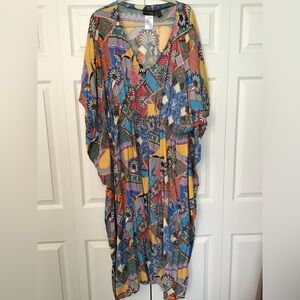 ATTITUDES by Renee Long Bat Sleeve Cinch Waist Floral/Geometric Caftan 1XP